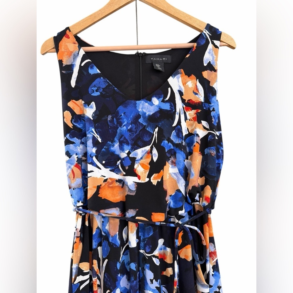 Tahari Vibrant Blue and Orange Floral Wide Pants Maxi Jumpsuit - Picture 2 of 6